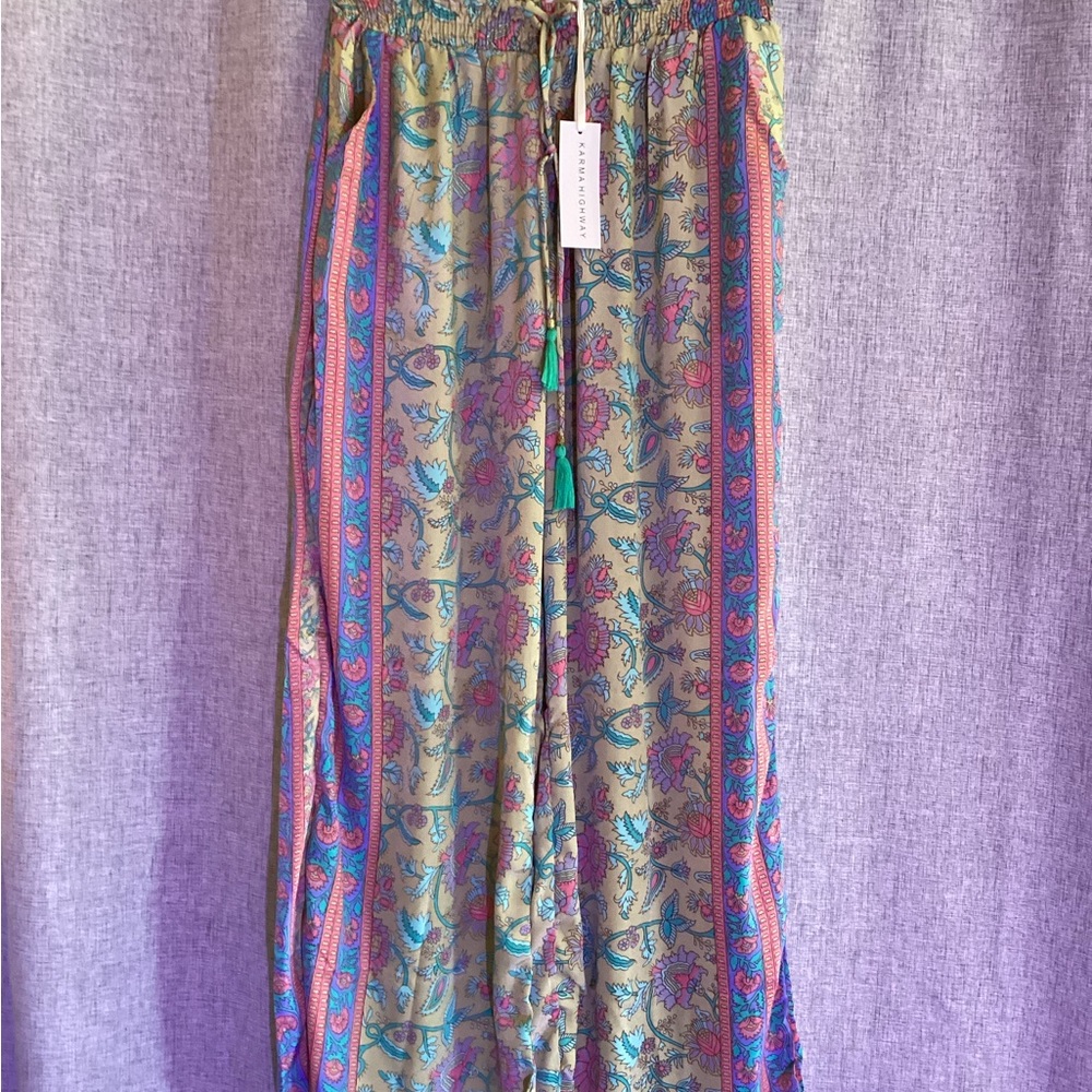 Pink and Blue Wide Leg Pants with Elastic Waistband